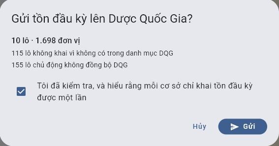 Hộp Gửi tồn đầu kỳ lên Dược Quốc Gia với ô xác nhận đã đánh dấu và nút Gửi