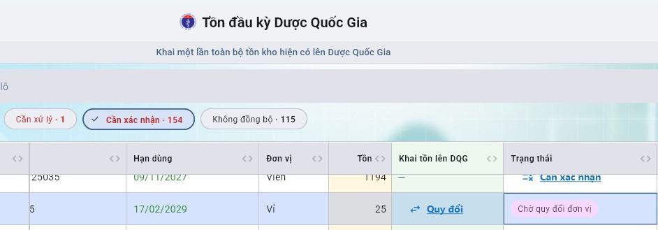 Một lô ở trạng thái Chờ quy đổi đơn vị với liên kết Quy đổi ở cột Khai tồn lên DQG