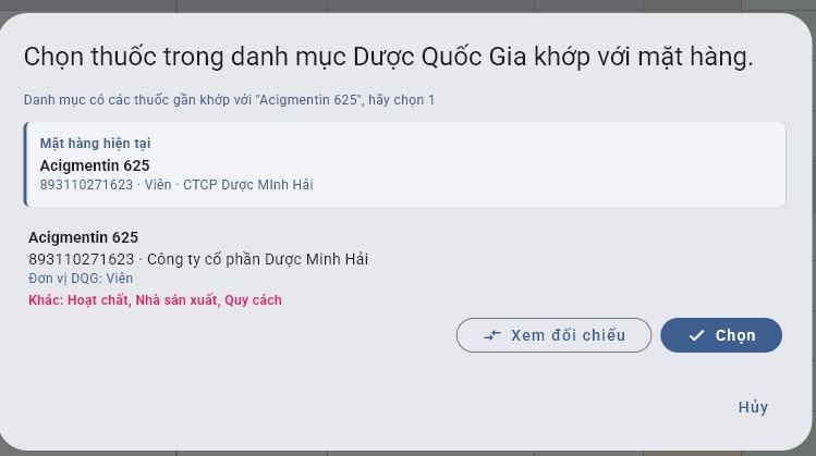 Hộp Chọn thuốc trong danh mục Dược Quốc Gia khớp với mặt hàng, có nút Xem đối chiếu và Chọn
