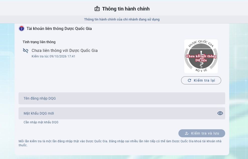 Mục Tài khoản liên thông Dược Quốc Gia khi chưa liên thông, với ô tên đăng nhập và mật khẩu còn trống
