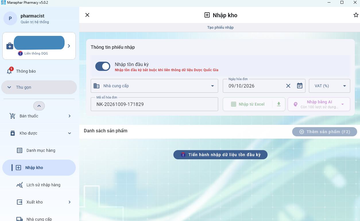 Màn Nhập kho với công tắc Nhập tồn đầu kỳ và nút Tiến hành nhập dữ liệu tồn đầu kỳ